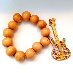 NEW!! Wood Beaded Bracelet with Rhinestone Guitar Charm